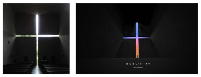 左：光之教堂实景拍摄；右：基于光之教堂的CG创作