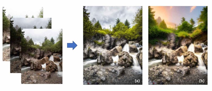 (a) 传统风光摄影前后期；(b) 传统风光前后期+Stable Diffusion+ControlNet+局部高分辨率处理